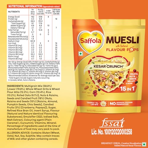 Image of Saffola Muesli Kesar Crunch with Flavour Pops, 450 gm | 15 in 1 Fruit and Nuts, Seeds, Millet & more | Cereals for breakfast with wholegrain, protein, fibre