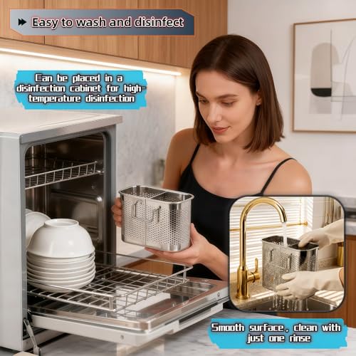 Image of 304 Stainless Steel Utensil Drainer, 2-Tier Silverware Drying Rack with Hooks, Anti-Rust Kitchen Sink Organizer & Cutlery Holder for Dishwasher, Countertop Space-Saving Storage, Brushed Finish