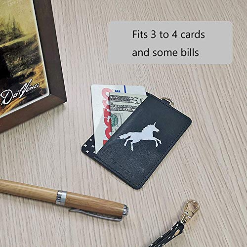 Image of Tainada Stick On Wallet with Detachable Neck Lanyard, Adhesive ID Credit Card Cash Holder with Faux Leather Animal Silhouette Compatible with Most Cell Phones + One Cord Wrapper (Black Unicorn)