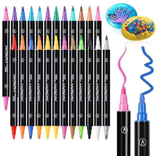 Diboniur 24 Colores Rotuladores Acrilicos, Acrylic Markers Doble Punta (Punta Pincel y Media), Marcadores Acrílicos Rotuladores para Lettering, Pintar, Textiles, Roca, Cristal, Cerámica