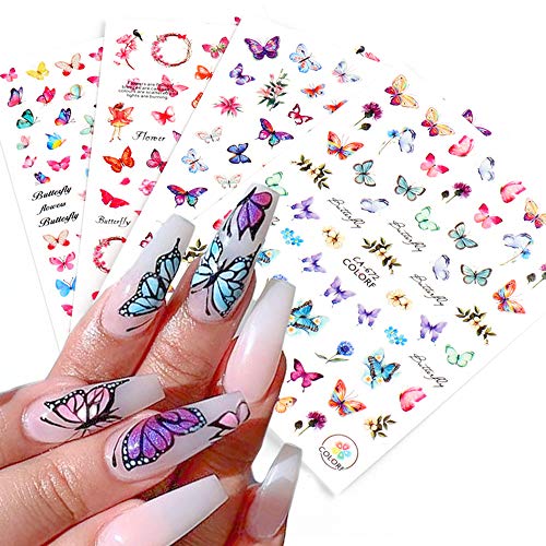 3D Butterfly Nail Art Stickers Decals Nail Supplies Nail Accessories Colorful Butterflies Flowers Leaf Design Self-Adhesive Tattoo Foil for Acrylic Nail Decorations Women Manicure Tips DIY 4 Sheets
