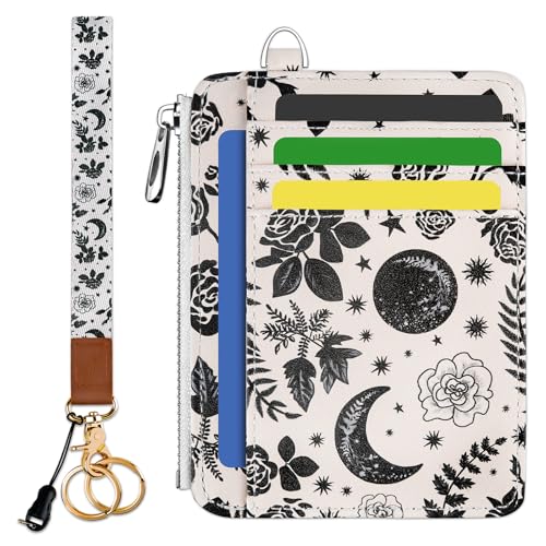 Image of Hancynir Goth Moon Floral Slim Wallet Women Credit Card Holder, RFID Blocking Front Pocket Wallet Wristlet Keychain Lanyard, Small Cute Mini Card Case, Thin Travel Zipper Coin PU Leather Ladies Gifts