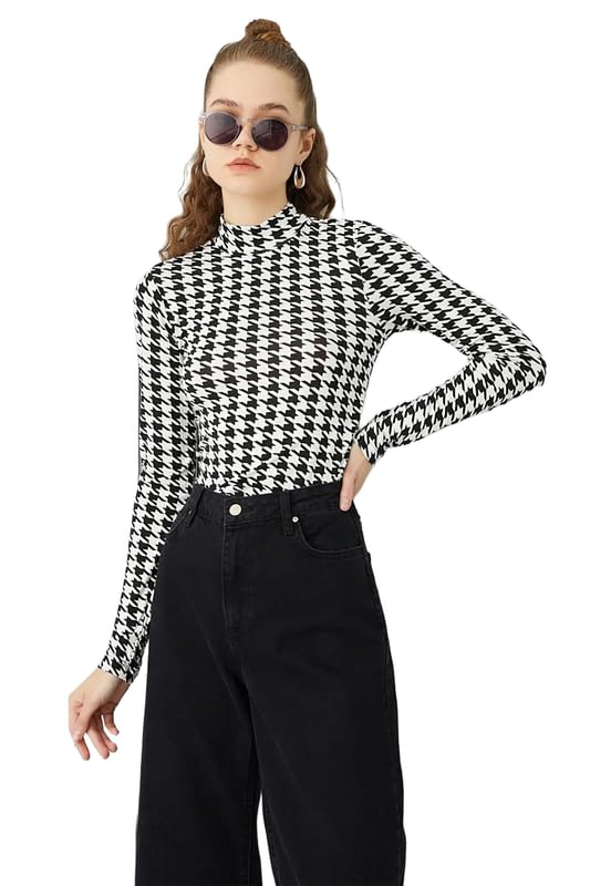 navyankaa Woman's Sweetheart Neck Short Puff Sleeves Houndstoorh Print Staylish Regular Top 23" Inch (Top-Modelo-P)-picture-35