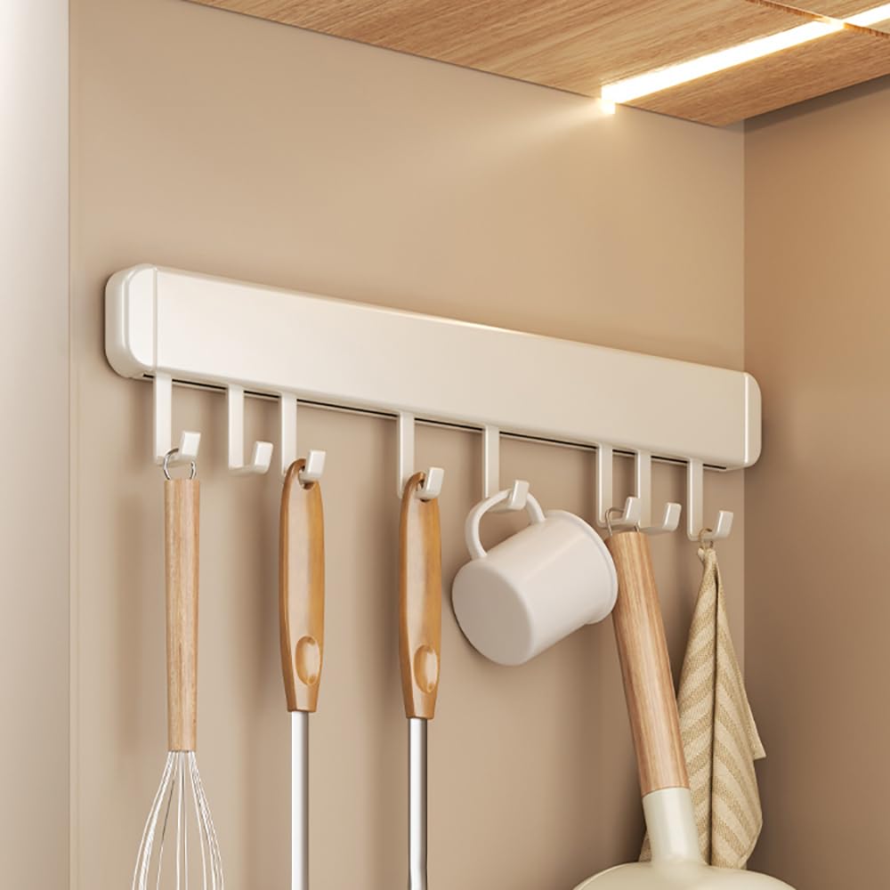 Xyagyund White Hanging Pot Rack, Kitchen Utensils Holder,Utensil Hanging Racks Wall Mounted,Self Adhesive Under Cabinet Tools Hanger Organizer Hook Punch For Bathroom(,With 8 Hooks 40Cm)