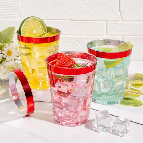 Image of DaYammi 100 Pack Red Plastic Cups 10 Oz,Red Rimmed Plastic Cups for Party Fancy Disposable Cup for Wedding Disposable Glasses Clear Tumblers with red Rim for Bridal Shower Elegant Wine Cocktail Cup