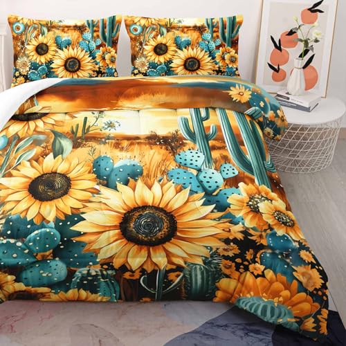 Image of AILONEN Sunflower Full Bedding Set,Yellow Sunflower Green Cactus Western Comforter with 2 Piowcases,3-Piece Watercolor Bed Set for Room Decor