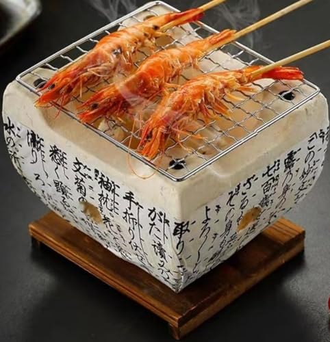 Gamire 練炭コンロ 和風 焼き鳥 コンロ セラミック火鉢 炭火焼き 卓上焼き 串焼 低煙 炭火暖房 BBQグリル 多機能 耐久性 再利用可能 炭ストーブ ポータブル 家庭用パーティー アウトドア キャンプ用 (A 11x11x10cm)