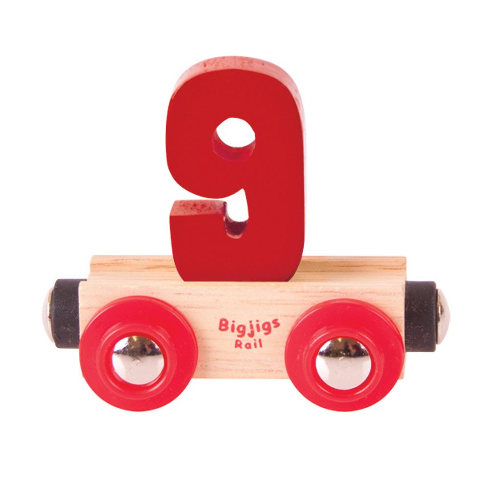 Bigjigs Rail Wooden Rail Name Number 9 (Dark Red) Personalised Wood Railway Carriage