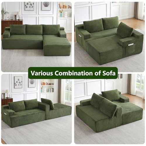 Image of 96 inch Modular Sectional Sofa, Modern Corduroy Cloud Couch, Boneless Couch Upholstered 3-Seater L-Shaped Sofa for Living Room, No Assembly Required (Green, Right-Facing Chaise)