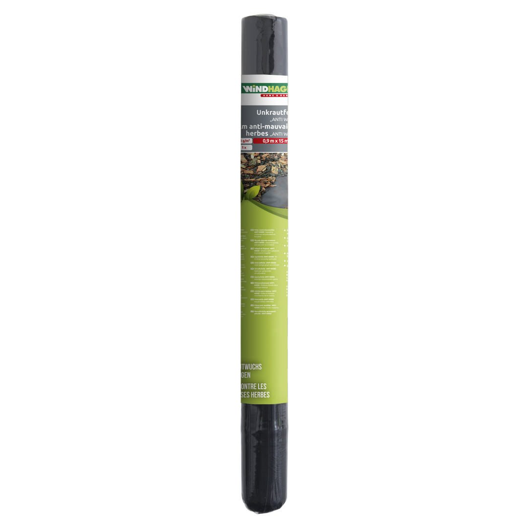 Windhager Unkrautfolie Antiweed, Unkrautviles, Anit Unkrautfolie, Gartenfolie, 33 g/m², 15 x 0,9 m, schwarz