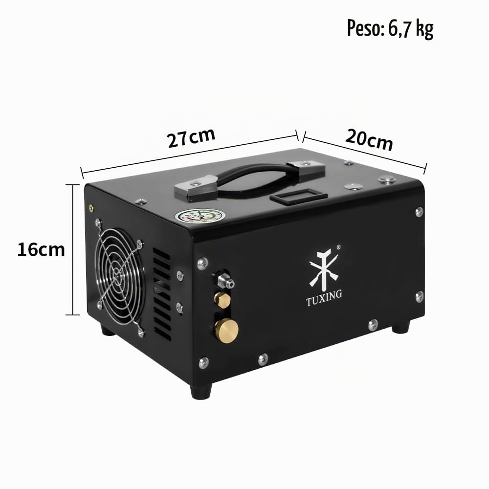 TUXING 300Bar 30Mpa, compresor portátil de 12 V para PC, sin aceite, alimentación de 12 V CC o 220 V CA para el hogar con adaptador, rifle de aire inflador para PC(TXET061-1)