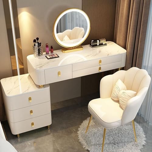 Escritorio de maquillaje LED con cajones de almacenamiento ajustables de 3 colores y taburete acolchado, glamuroso tocador para dormitorio y rutina de belleza