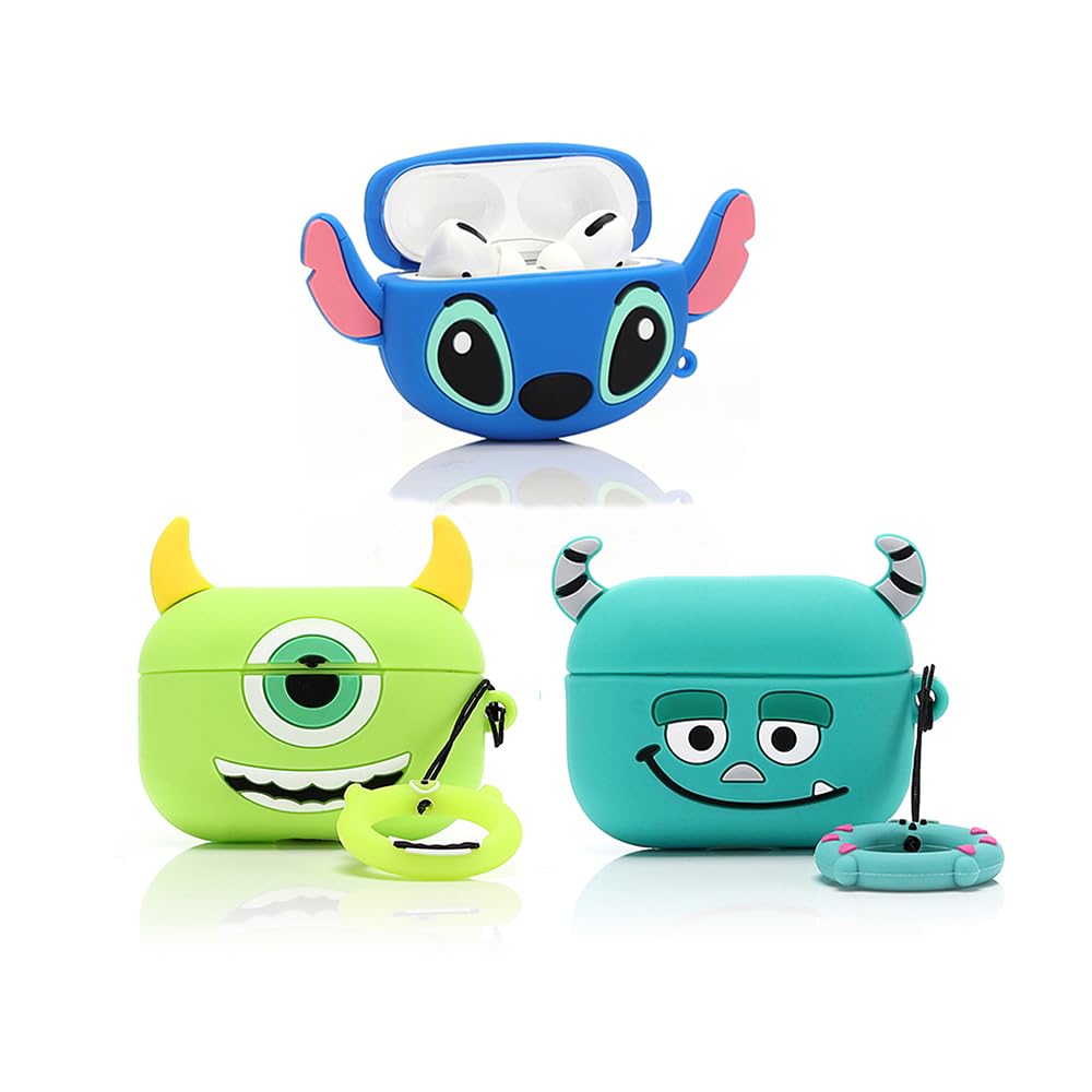 (3Pack) Case for AirPods Pro 2nd/1st Generation (2022/2019) with Keychain, XMBYGY Silicone Cute Case Protective Covers with Cartoon Skin Design for Boys and Girls (MrQ+Monster+Stitch)