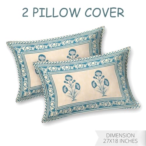 Image of Living Roots Ethnic Jaipur Block Print Double Cotton Bedsheet & 2 Pillow Covers, for Mattress Upto 6 inches Thick, No Colour Bleeding, Blue Colour, King Size 90 * 108 inches, 120TC (611-B)