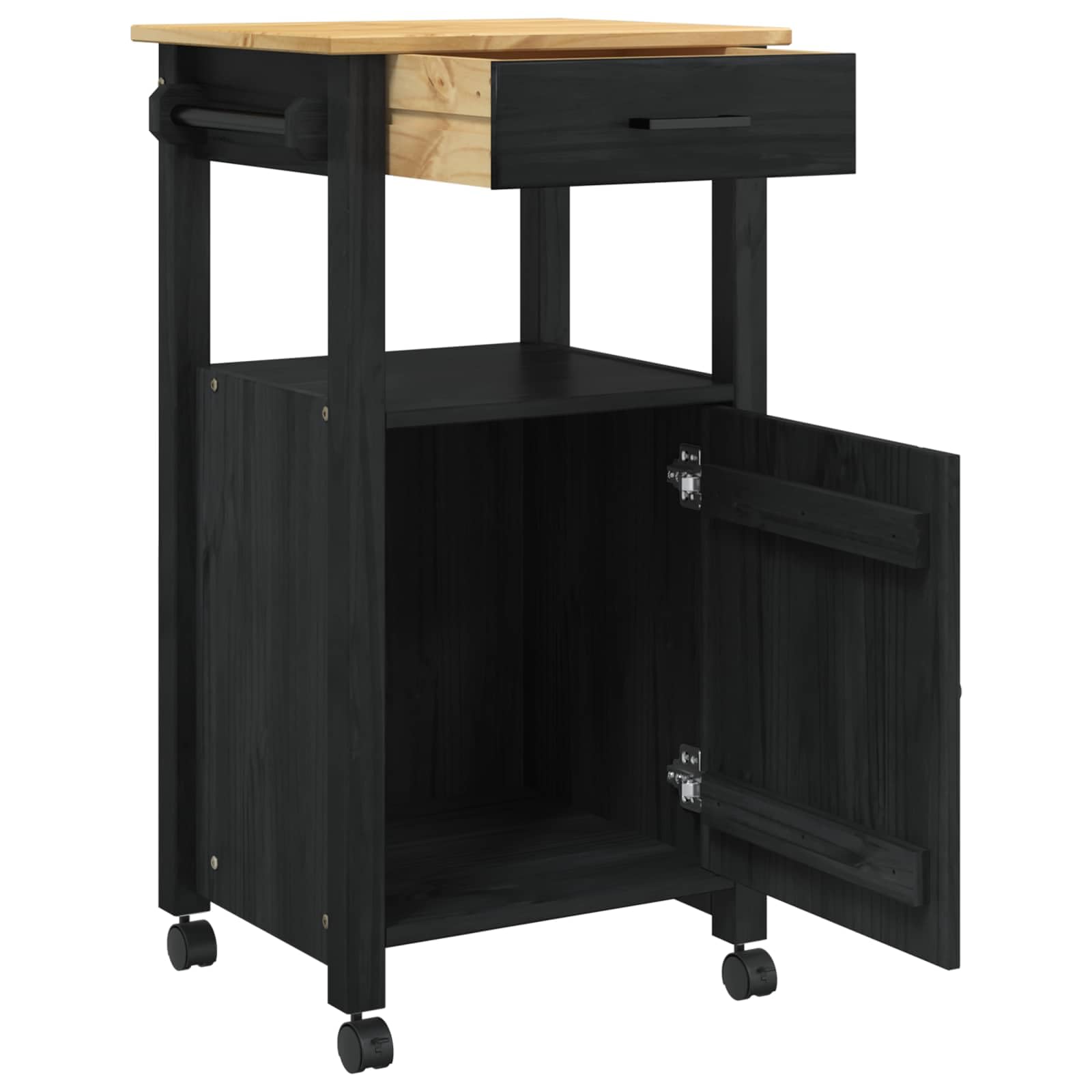 Wózek kuchenny z litego drewna sosnowego, czarny, 48 x 40 x 88,5 cm, z kółkami obrotowymi 360°, szufladą i półką, nowoczesny organizer na przybory kuchenne, łatwy montaż