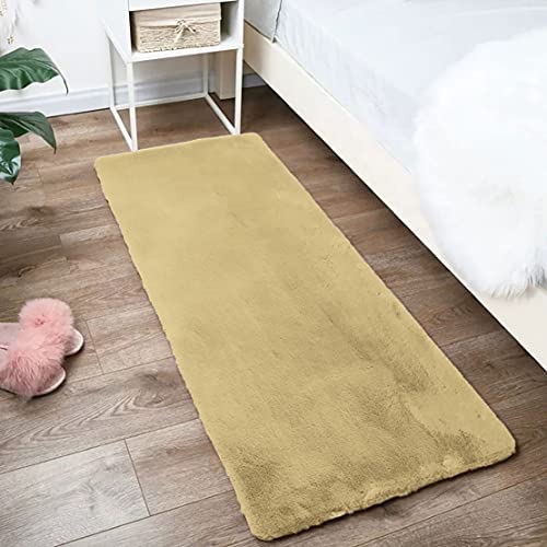Image of Luxe Home Rabbit Fur Soild RunnerSuper Soft, Anti-Slip, Washable, Rectangle, for Livingroom Rug, in Bedroom Bedside Runner (Gold, 2x5 Feet)