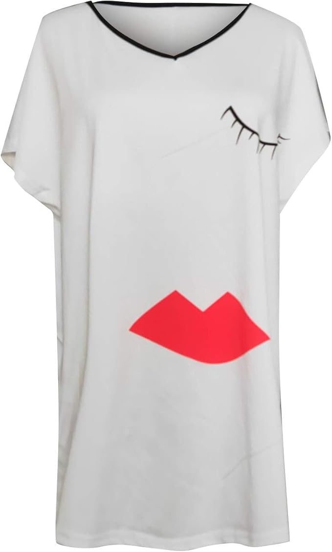 Women Tops Fashion Loose Abstract Print V-Neck Short Sleeve Casual