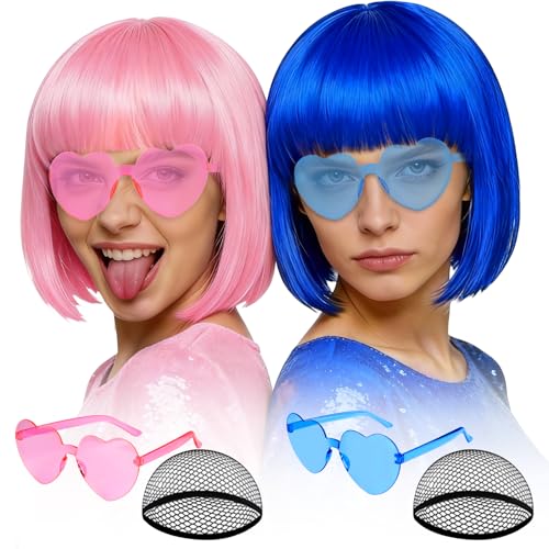Image of MEEZY 2 Pcs Colorful Bob Wigs with Bangs Royal Blue Pink for Women, Neon Funny Wig Short Bob Hair with Heart Sunglasses Hair Cap for Halloween Costume Cosplay Birthday Bachelorette Party Carnival
