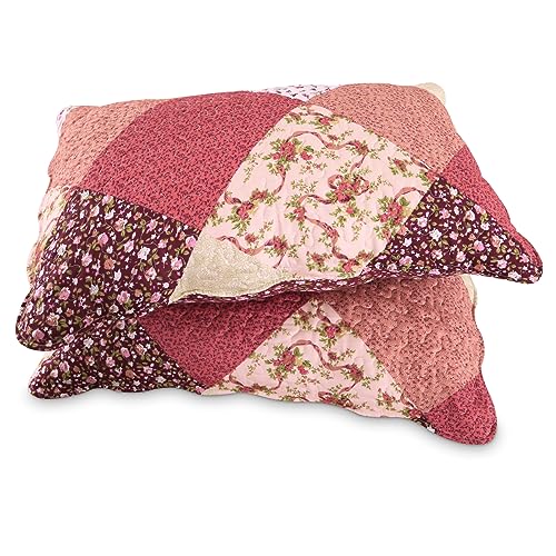 Qucover Juego de 2 Fundas de Almohada de 50 x 70 cm, 100% Microfibra, Multicolor con Estampado Floral, diseño de Patchwork, Decorativas para sofá, Dormitorio, salón (Rojo Vino)