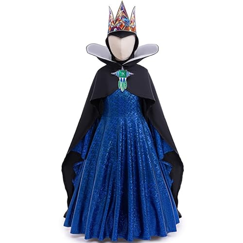 Xefenki Girls Evil Queen Costume Dress Set Halloween Cosplay Birthday Party Outfit Includes Dress Cape Hood and Crown