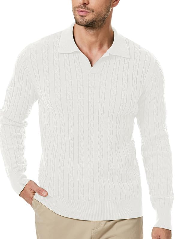 Men's Sweater V Neck Cable Knit Pullover Sweater Casual Long Sleeve Collared Twist Patterned Polo Sweaters2