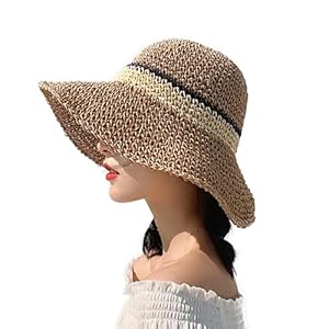WITERY Trendy Women’s Sun Hat Summer Straw Cap for Women Adjustable Summer Panama Fedora Wide Brim UPF 50+ Foldable Straw Beach Hat for Walking Fishing Travelling