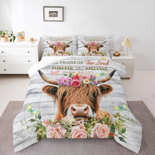Image of Feelyou Highland Cow Comforter Set Rose Highland Cattle Bedding Set for Kids Boys Girls Bull Cattle Comforter Botanical Floral Quilt Set 1 Comforter Set with 2 Pillowcases Queen Size