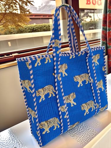 Image of Cotton Tiger Block Print Tote Bag, Indian Handmade Shopping Shoulder Bag, Unisex Market Daily Use