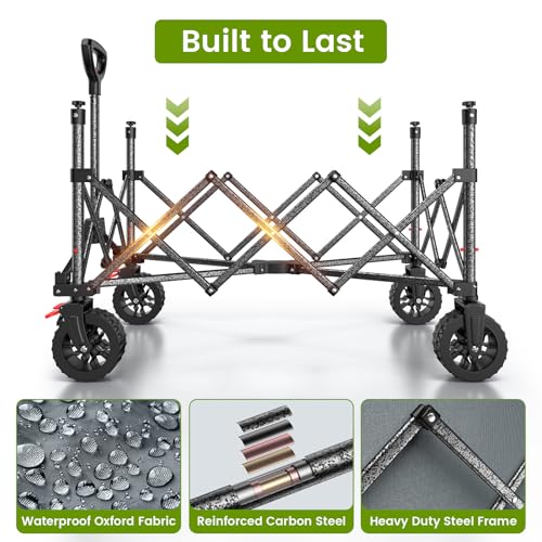 Collapsible Wagon Cart with Wider Wheels, 330lbs Heavy Duty Foldable Beach Wagon with Auto-Rebound Handle, 180L Utility Grocery Shopping Cart for Garden, Shopping, Camping, Sports, Gray