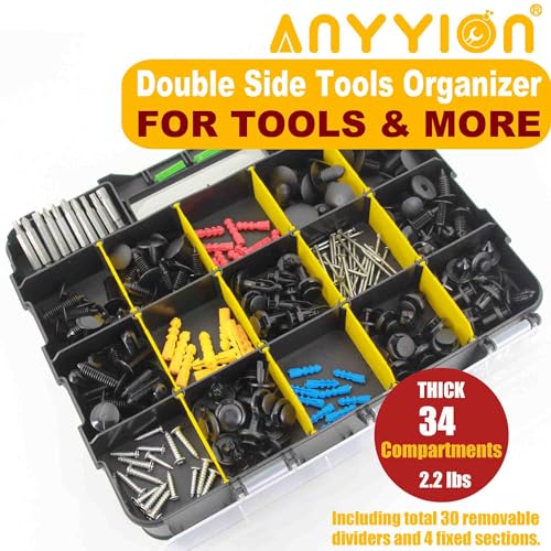 Image of Anyyion Small Parts Organizer, 34-Compartments Double Side parts organizer with Removable Dividers for Hardware, Screws, Bolts, Nails, Beads, Jewelry. (1 PCS, Yellow)