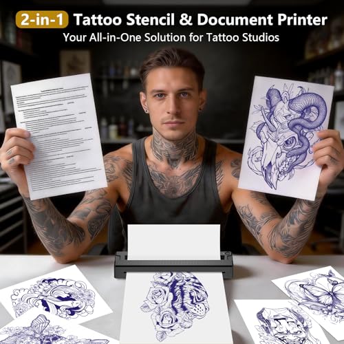 Image of Bagana Tattoo Stencil Printer, 2-in-1 Wireless Bluetooth Thermal Printer for Tattoo Stencils & Documents, Portable Temporary Tattoo Transfer Machine Kit for Tattoo Artist & Beginner, Black