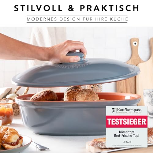 Foto von Römertopf Brottopf aus natürlicher Keramik, ideal für die Aufbewahrung von Brot und Gebäck 30x21cm blau-grau