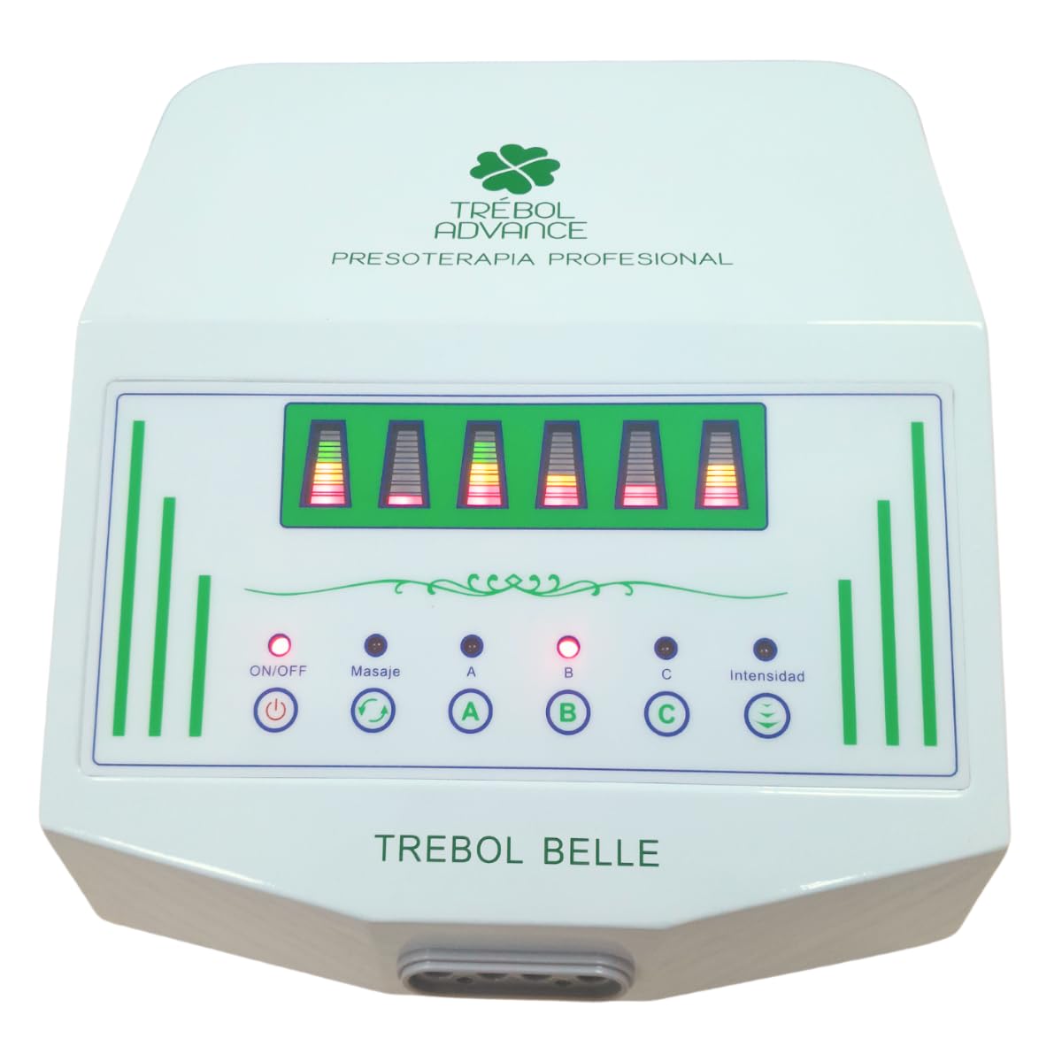 Equipo de Presoterapia Profesional Trébol Belle EXCLUSIVO tratamiento completo piernas, brazos y abdomen. 2 Perneras, 2 Brazales, Faja abdominal