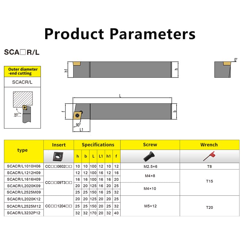 1pc SCACR0808 SCACR1010 SCACR1212 SCACR1616 SCACR2020 External Turning Tool CNC Cutter Bar SCACR SCACL Lathe Bar Turning Holder(SCACR2020K12)