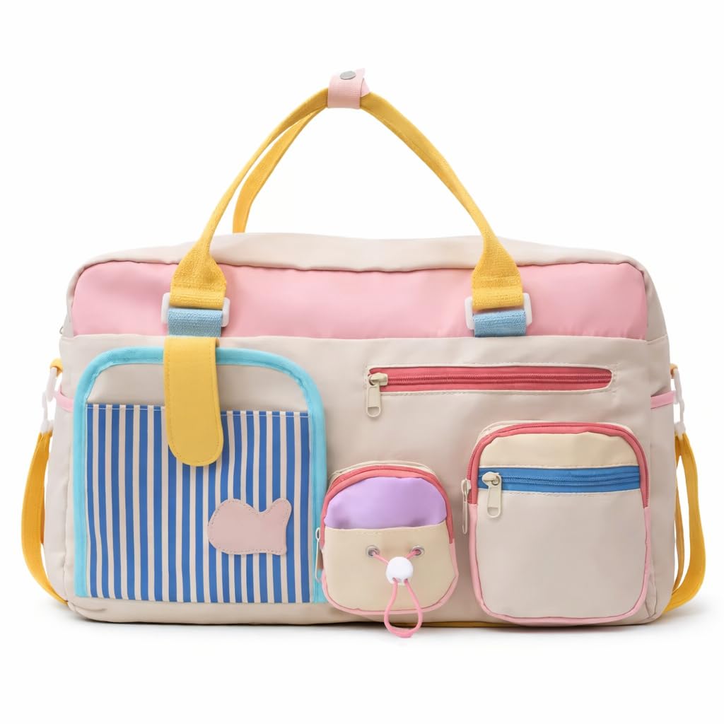 qubora Kawaii Pastel Duffle Bag for Women – Large Capacity Travel Overnight Bag with Multi-Pocket Organisation, Striped Accent & Bear Detail | Gym, Weekend, Hospital, College Bag-picture-17