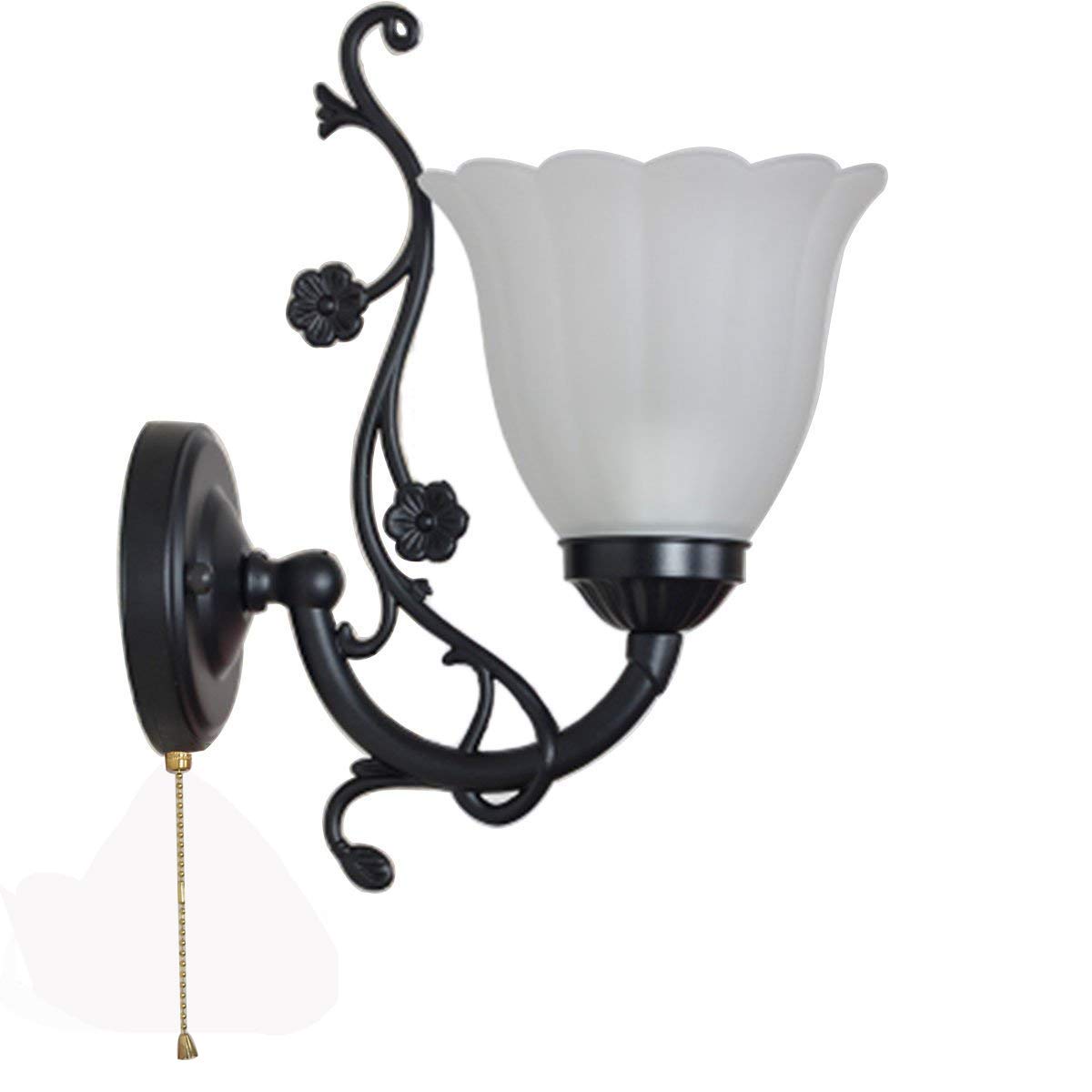 Wall Lamp with Pull Chain Switch E27 Simple LED Living Room Staircase Balcony Wall Sconces Bedroom Bed Lamp Glass Lampshade