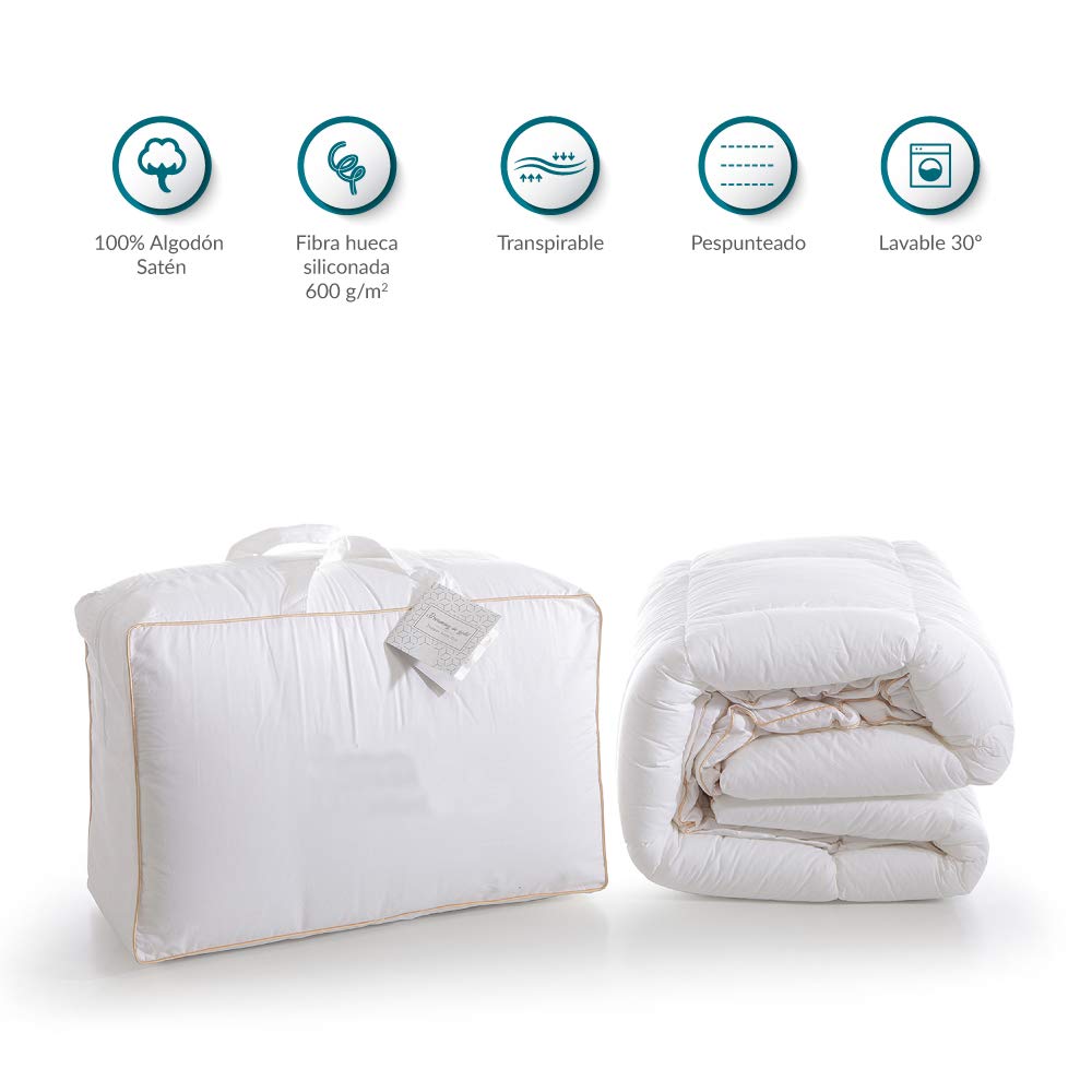 Don Descanso - Topper Colchón Vivo Oro 100% Algodón para Camas 80/90cm x 190/200cm con 600gr. de Fibra Hueca Siliconada. Sobrecolchón Lavable 30ºC y Ajustable con Faldón Elástico