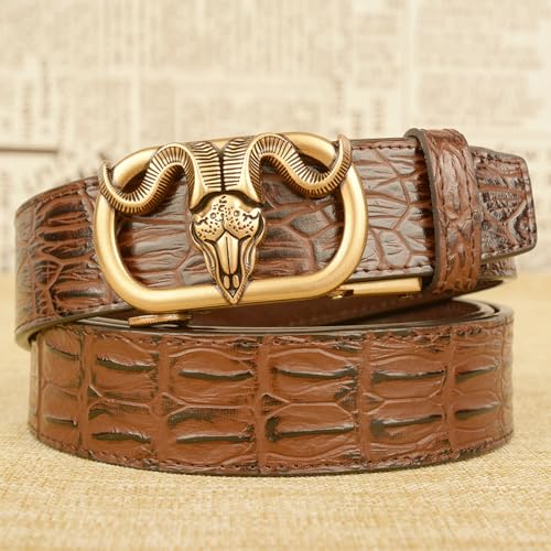 Unisex Ratchet Belt With Crocodile Pattern, Western Carved Sheep Bull Head Auto Buckle, 1.5" Wide (3.8cm)4