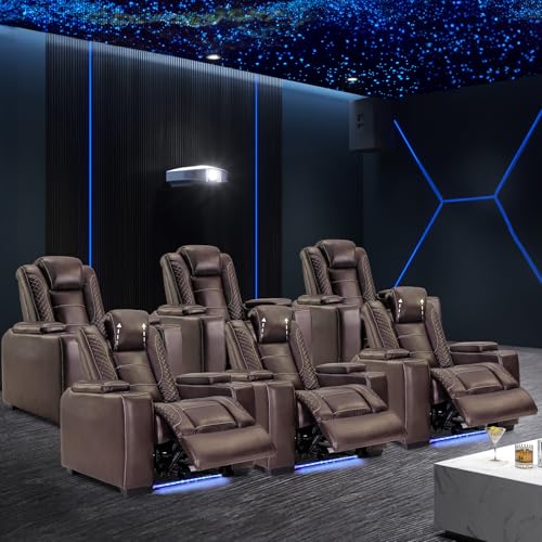 Image of ANJ Power Recliner Chairs Set of 6 for Adults, PU Leather Home Theater Seating with Adjustable Powered Headrest,LED,Storage,USB,Cup Holders,Brown