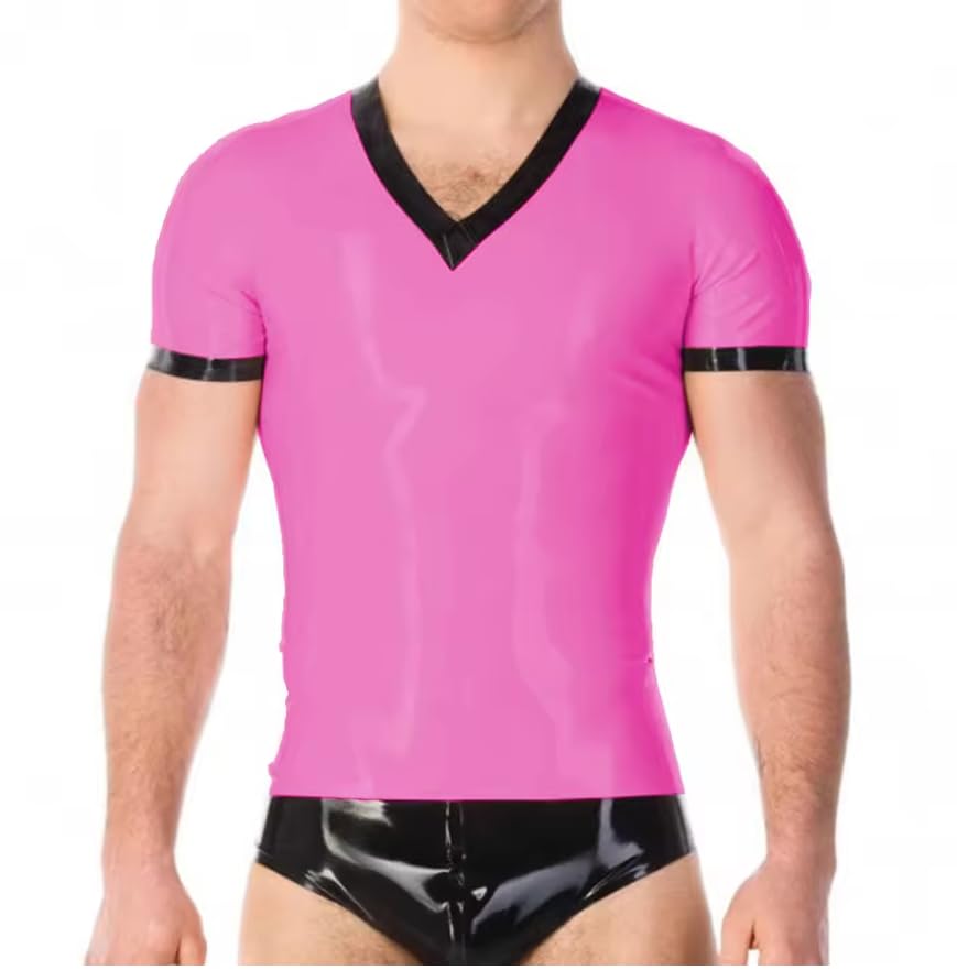 Męskie PVC skóra Wetlook krótki rękaw rozciągliwy klub nocny dekolt w serek męskie topy odzież klubowa męska obcisła koszulka personalizacja