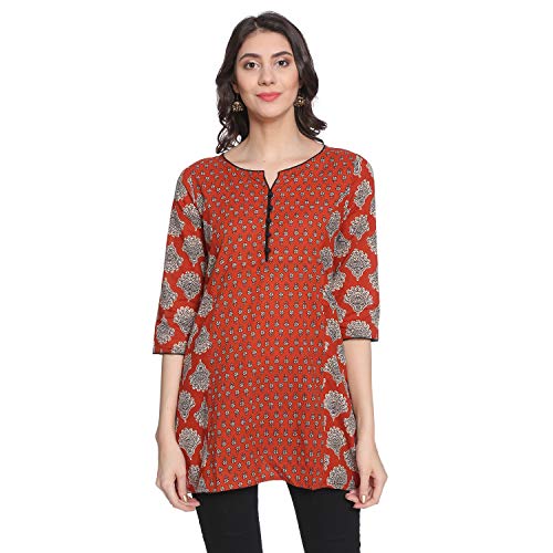 Image of Rapsodia Women's Red & Blue Sanganeri Block Print Short Kurti, Jaipuri Traditional Printed Tunic for Girls and Women