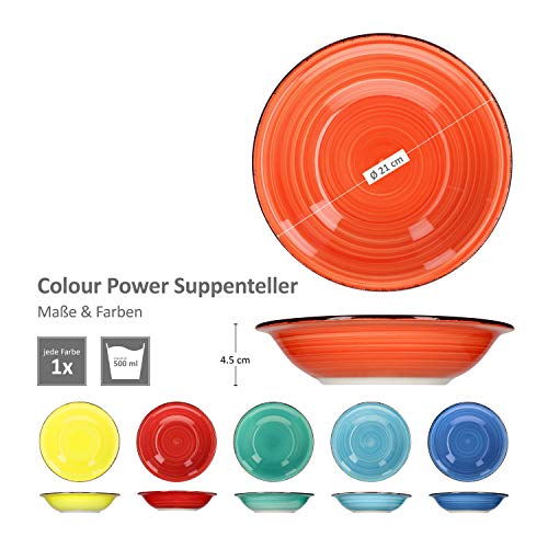 MamboCat Colour Power Capri 6er Suppen-Teller-Set bunt I Robustes Steingut-Geschirr-Set für 6 Personen I Retro-Design - buntes Geschirr in 6 tollen Farben I große Tiefe Teller farbig Ø 21 cm 6 Stück