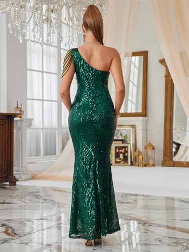 Image of Women One Shoulder 1920s Plus Size Formal Dress Tassels Sleeve Sequins Gatsby Maxi Evening Gown