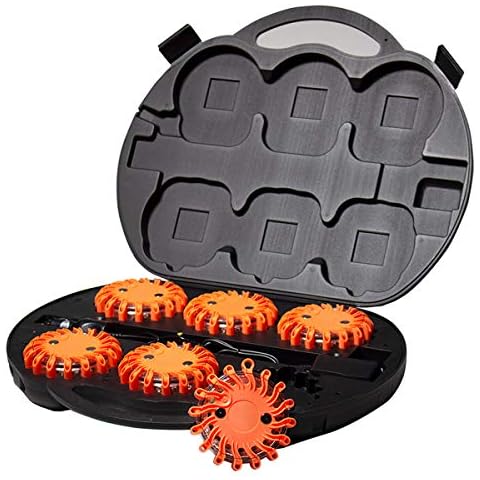 SpeedTech Lights 6 Pack of Rechargeable 16 LED Road Flare Disc Warning Beacon Emergency Flares for the Car, Truck, Bike, RV Vehicles - Roadside Emergency Kit w/ Charger & Carrying Case Included Cover