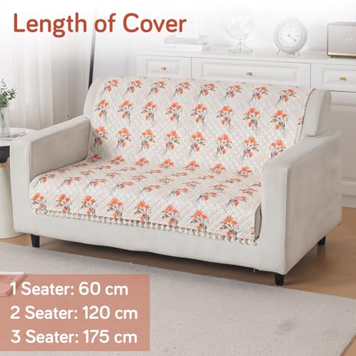 Image of HOKIPO Autumn Blossom Quilted Sofa Cover with Tassels 2 Seater for Seat & Back, (152x120 cm), 'Tassel Twigs' Series (IN-990-T5)
