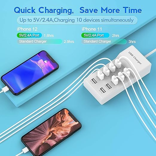 Image of WeFly USB Mobile Charger, Charging Station with Turbo Charging Auto Detect Technology Safety Guaranteed 10-Port Smart USB Ports for Multiple Devices Smart Phone Tablet Smart Watch (White)