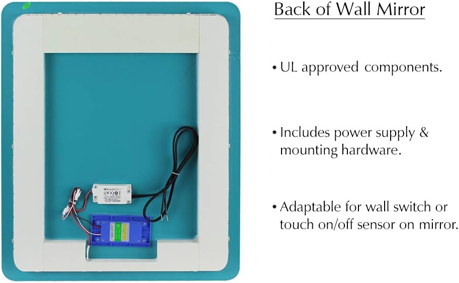 Transolid TLME2232 Ethan Rectangular Vertically Mounted LED-Lighted Frameless Contemporary Wall Mirror with Touch Sensor - Fits 22-in. Vanity, Silver, 22-in w x 32-in h
