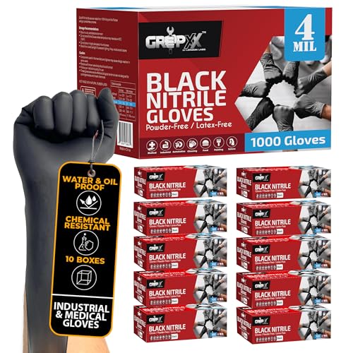 London Labs Black Nitrile Gloves Disposable Latex Free & Powder Free,4 Mil Rubber Glove, Cleaning, Cooking, Mechanic, Tattoo (1000 Count, Large)