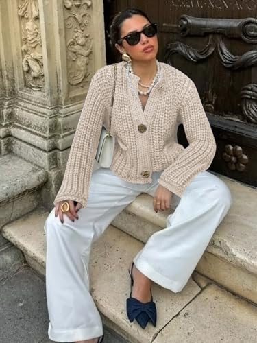 YKR Chunky Knit Cardigan Sweater for Women Long Sleeve Cropped Cardigans Button Down Sweaters with Pockets Beige M 6