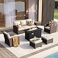 VICLLAX 6 Pieces Outdoor Furniture Set, Patio Rattan Conversation Sets with Metal Fire Pit Table, 3-Seat Sofa Couch, Single Chairs & Ottomans, Cushioned Outdoor Sectional for Porch Garden Deck, Brown
